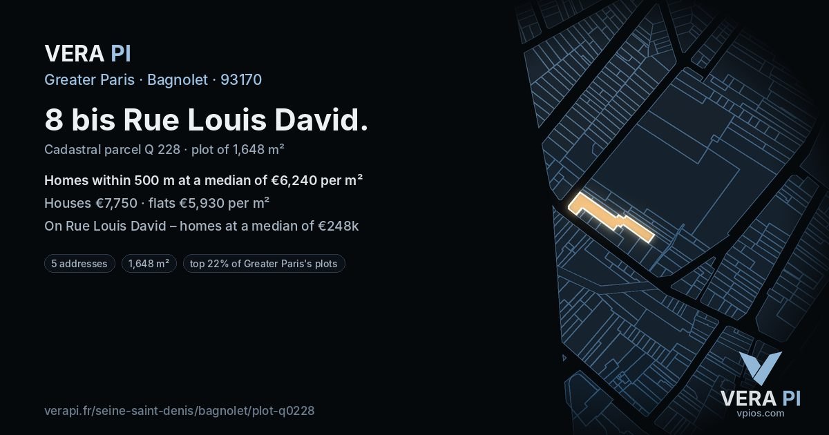 8 bis Rue Louis David, Bagnolet at night – the plot lit, the parcels around coloured by the prices near them