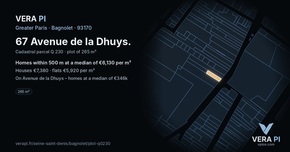 67 Avenue de la Dhuys, Bagnolet at night – the plot lit, the parcels around coloured by the prices near them