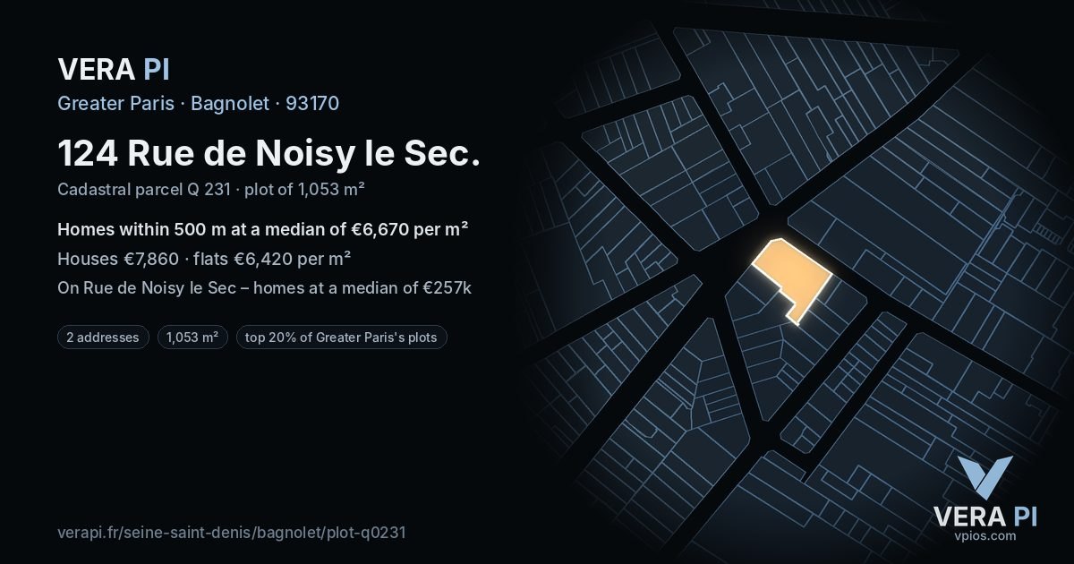 124 Rue de Noisy le Sec, Bagnolet at night – the plot lit, the parcels around coloured by the prices near them