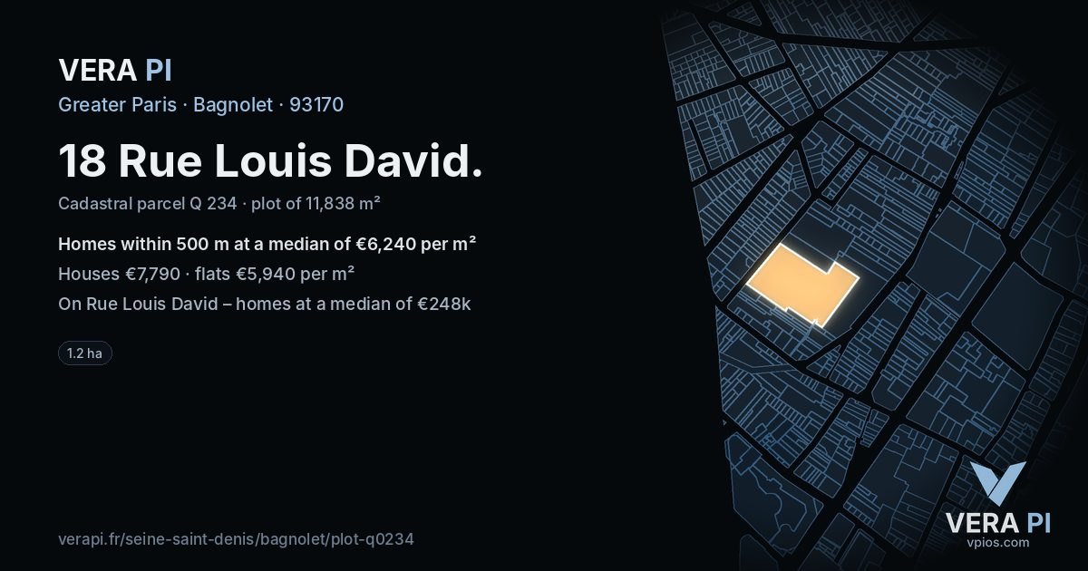18 Rue Louis David, Bagnolet at night – the plot lit, the parcels around coloured by the prices near them