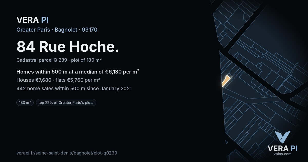 84 Rue Hoche, Bagnolet at night – the plot lit, the parcels around coloured by the prices near them