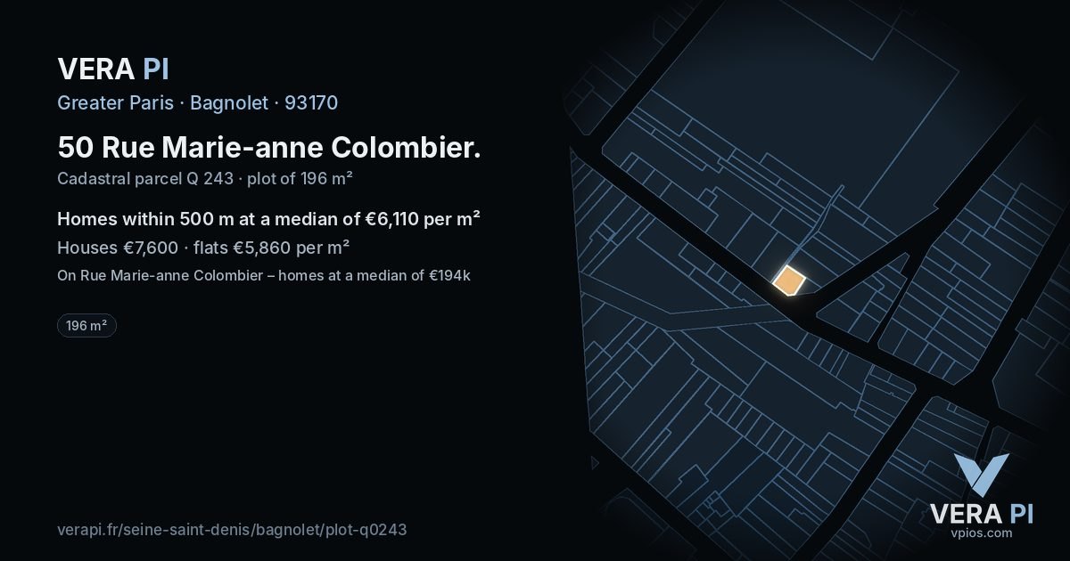 50 Rue Marie-anne Colombier, Bagnolet at night – the plot lit, the parcels around coloured by the prices near them