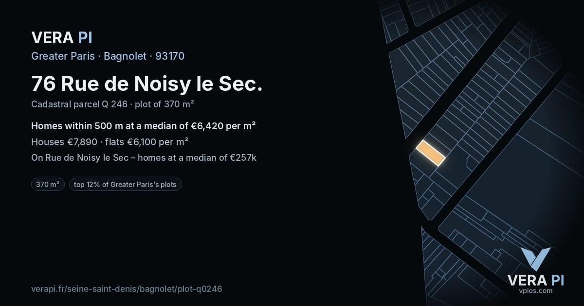 76 Rue de Noisy le Sec, Bagnolet at night – the plot lit, the parcels around coloured by the prices near them