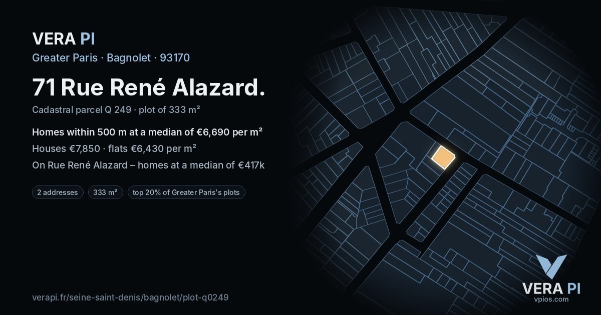 71 Rue René Alazard, Bagnolet at night – the plot lit, the parcels around coloured by the prices near them