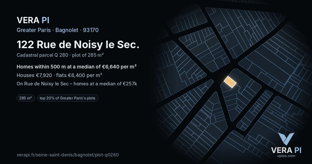 122 Rue de Noisy le Sec, Bagnolet at night – the plot lit, the parcels around coloured by the prices near them