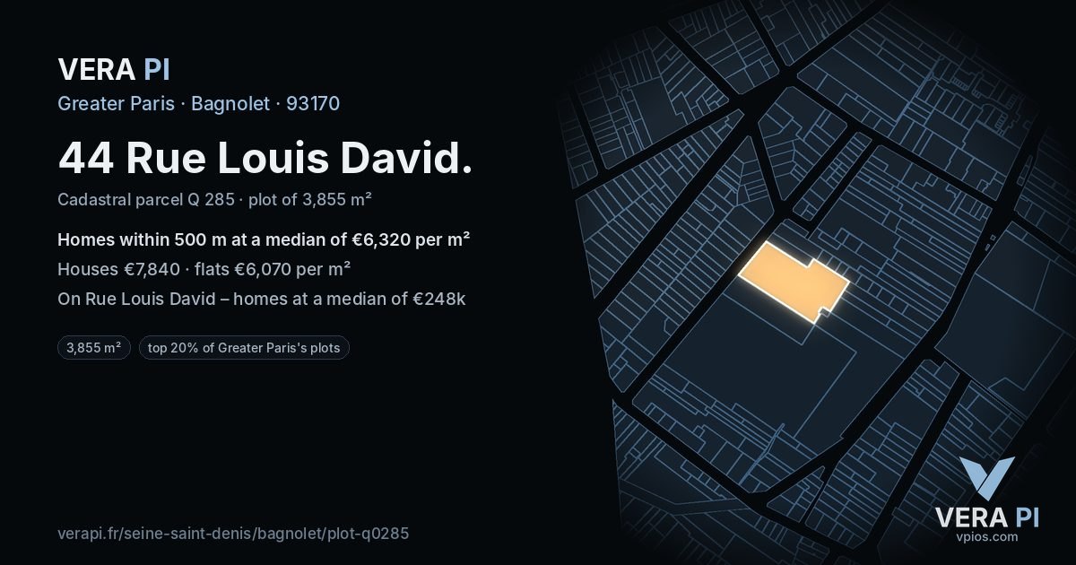 44 Rue Louis David, Bagnolet at night – the plot lit, the parcels around coloured by the prices near them