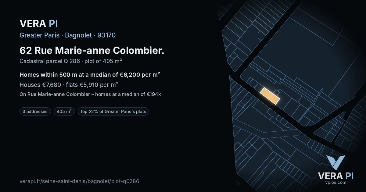 62 Rue Marie-anne Colombier, Bagnolet at night – the plot lit, the parcels around coloured by the prices near them