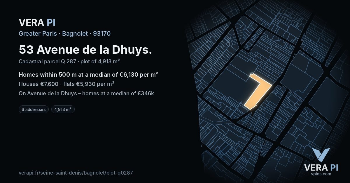 53 Avenue de la Dhuys, Bagnolet at night – the plot lit, the parcels around coloured by the prices near them
