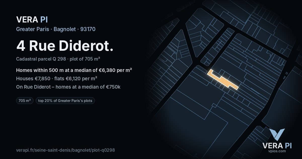 4 Rue Diderot, Bagnolet at night – the plot lit, the parcels around coloured by the prices near them
