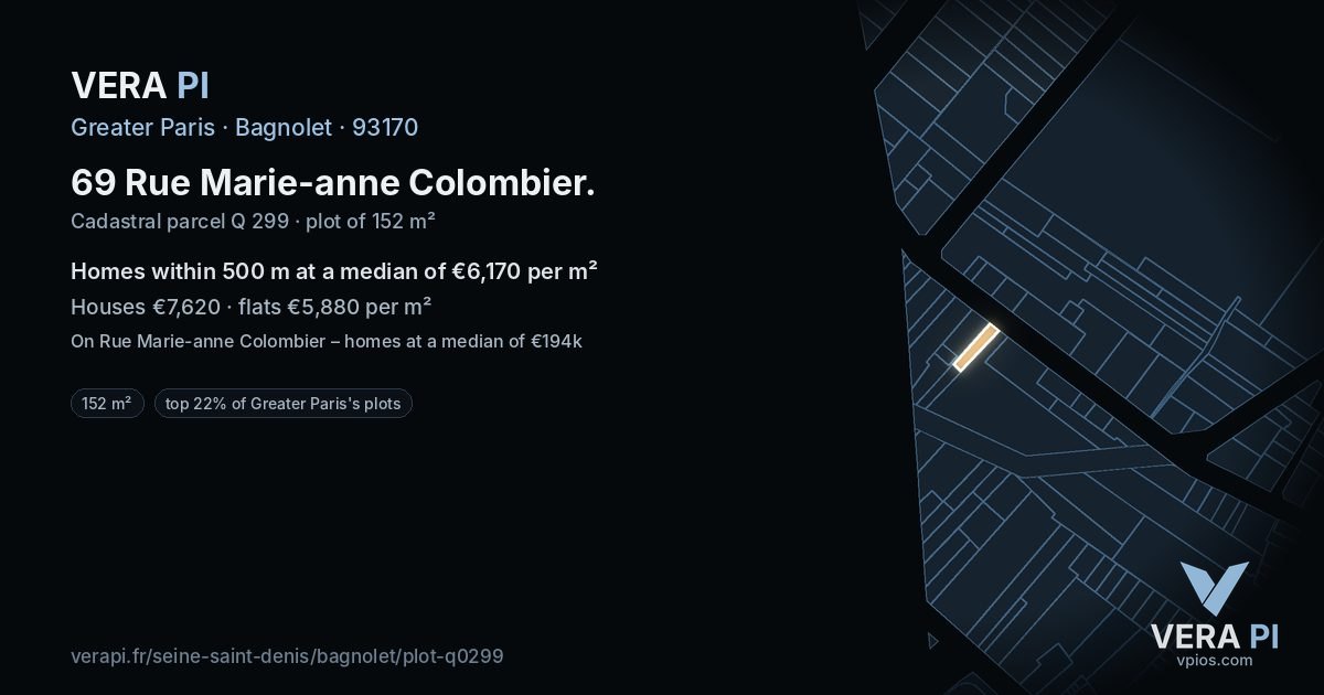 69 Rue Marie-anne Colombier, Bagnolet at night – the plot lit, the parcels around coloured by the prices near them