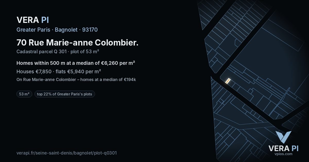 70 Rue Marie-anne Colombier, Bagnolet at night – the plot lit, the parcels around coloured by the prices near them