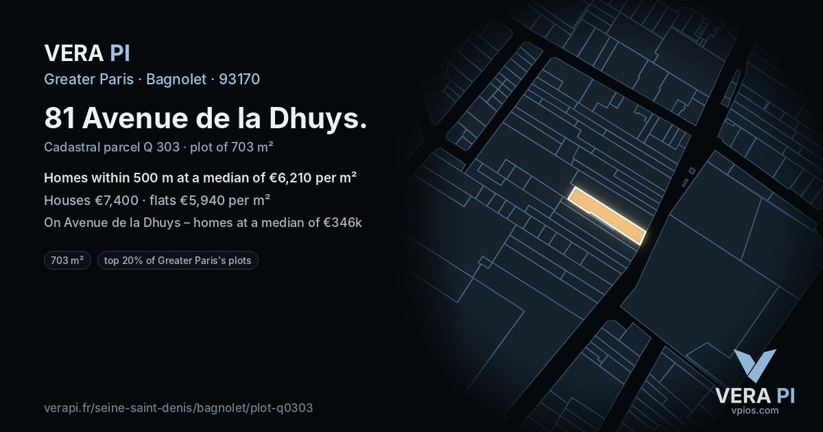 81 Avenue de la Dhuys, Bagnolet at night – the plot lit, the parcels around coloured by the prices near them