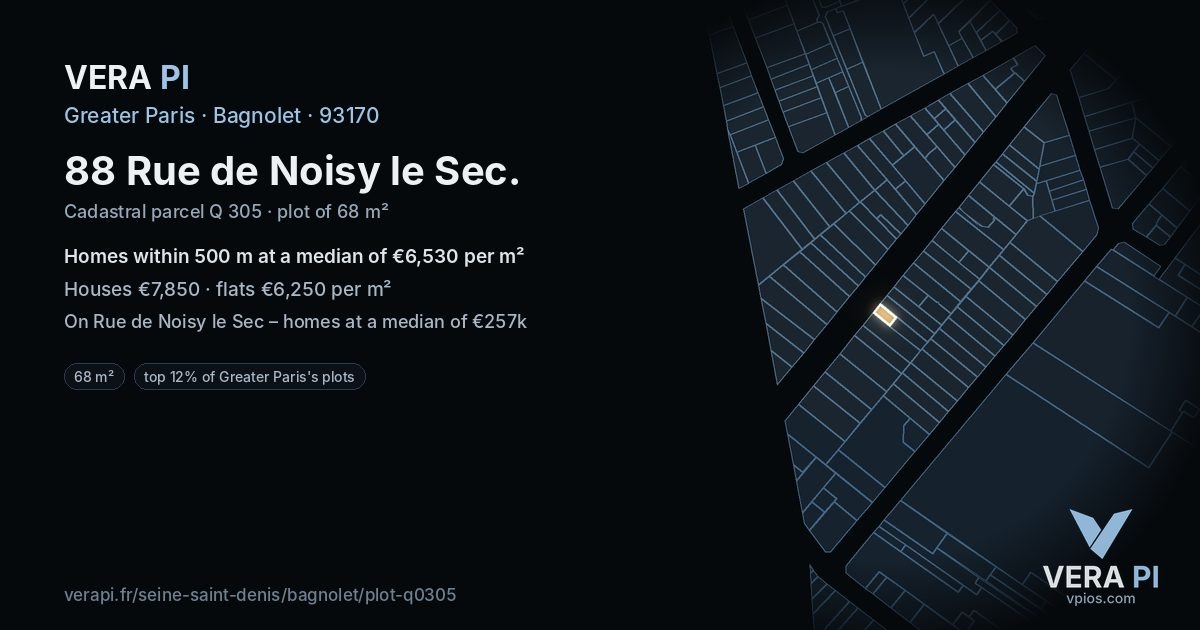 88 Rue de Noisy le Sec, Bagnolet at night – the plot lit, the parcels around coloured by the prices near them