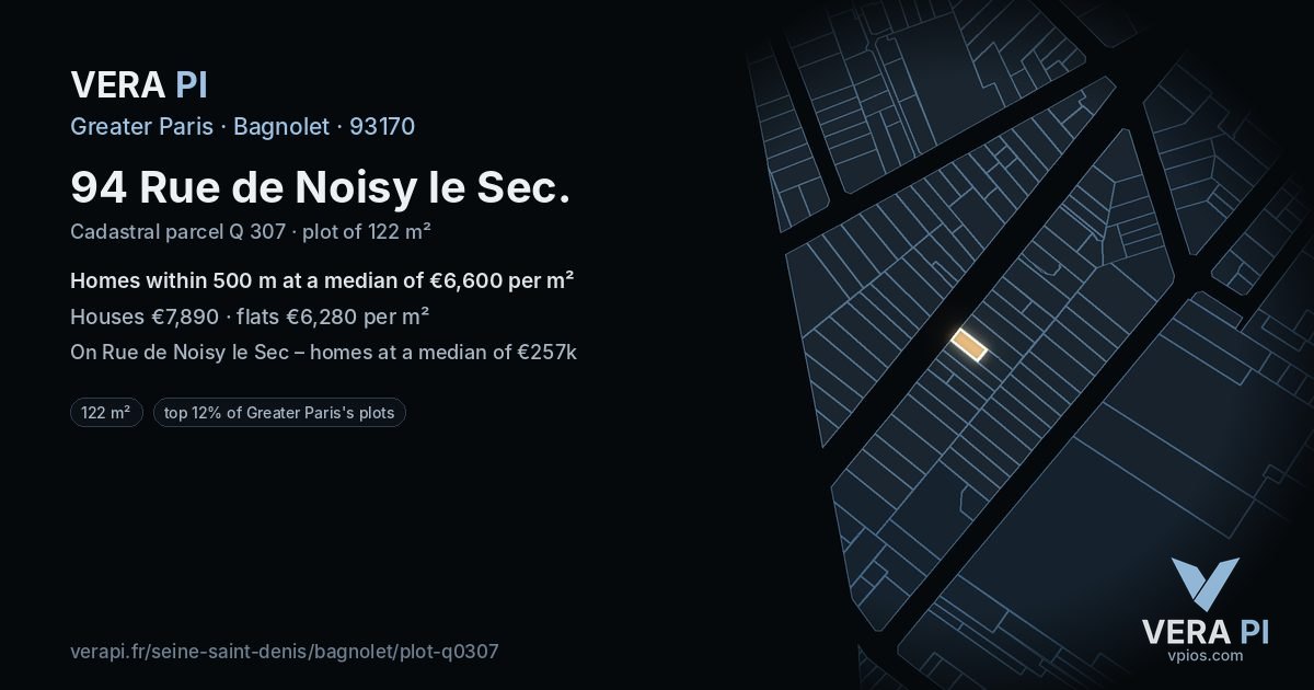 94 Rue de Noisy le Sec, Bagnolet at night – the plot lit, the parcels around coloured by the prices near them