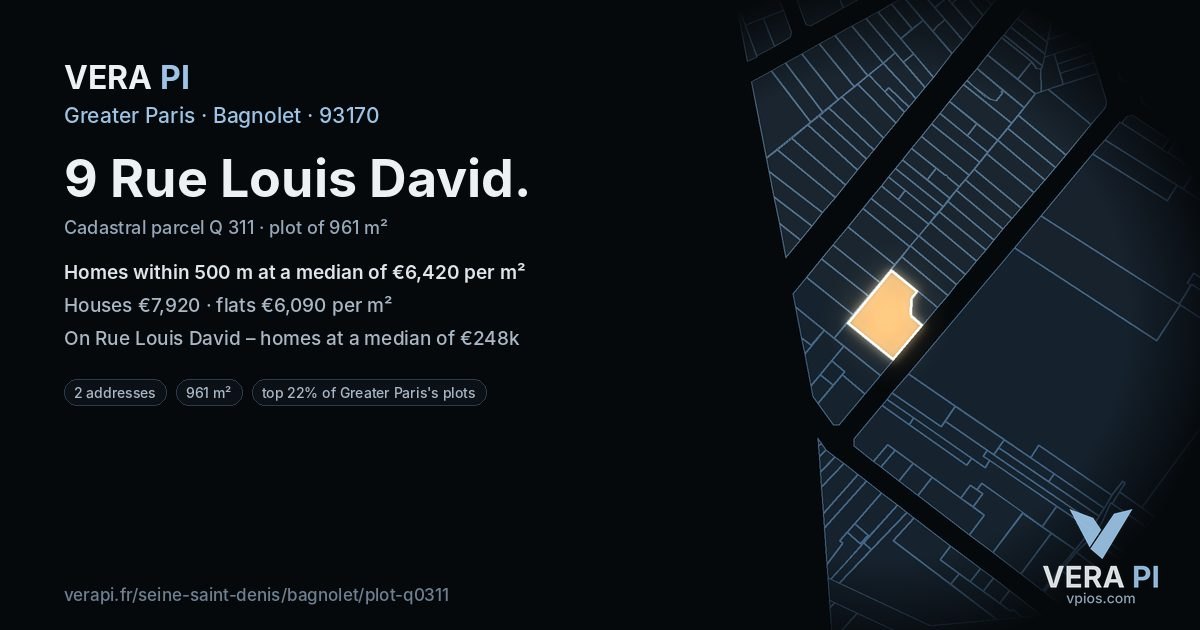 9 Rue Louis David, Bagnolet at night – the plot lit, the parcels around coloured by the prices near them