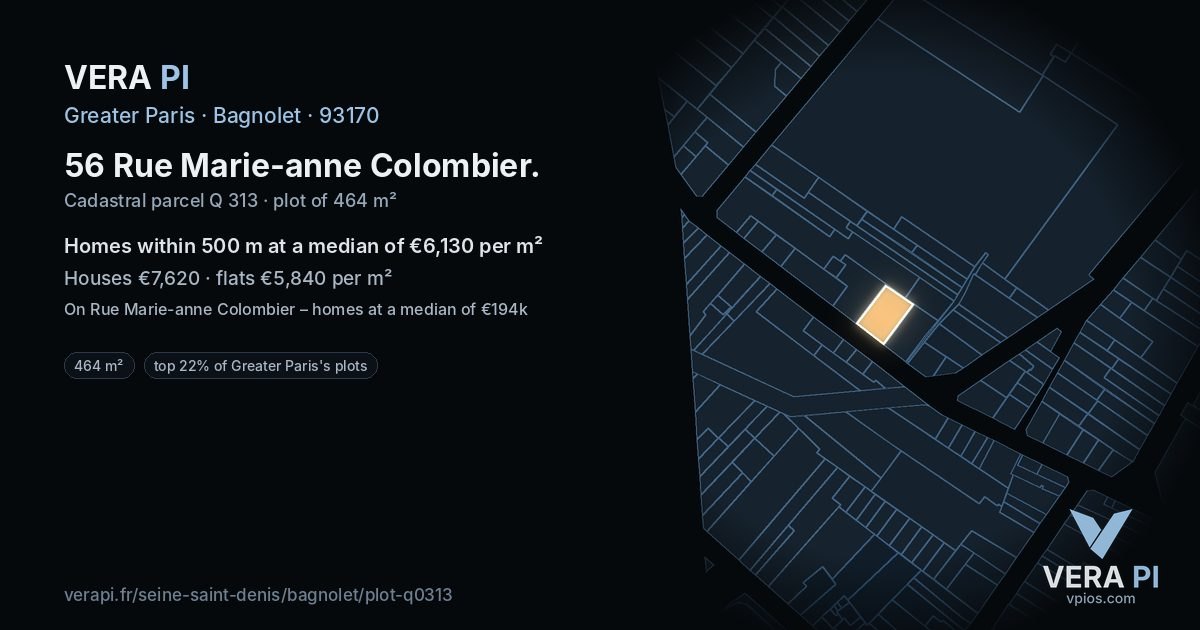 56 Rue Marie-anne Colombier, Bagnolet at night – the plot lit, the parcels around coloured by the prices near them