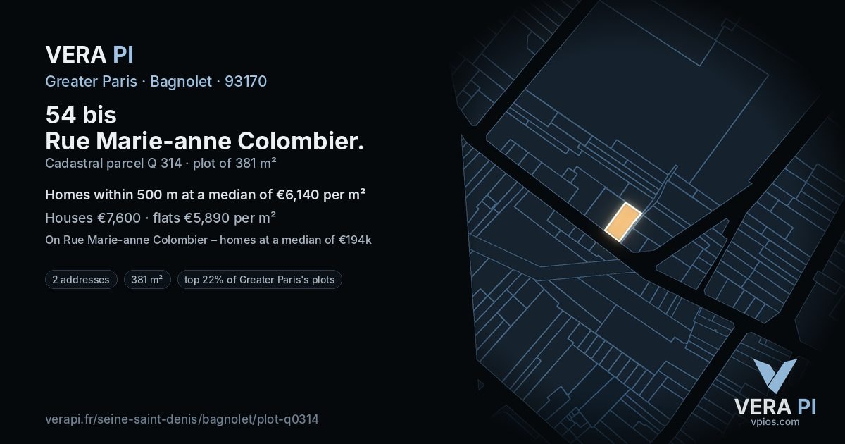 54 bis Rue Marie-anne Colombier, Bagnolet at night – the plot lit, the parcels around coloured by the prices near them