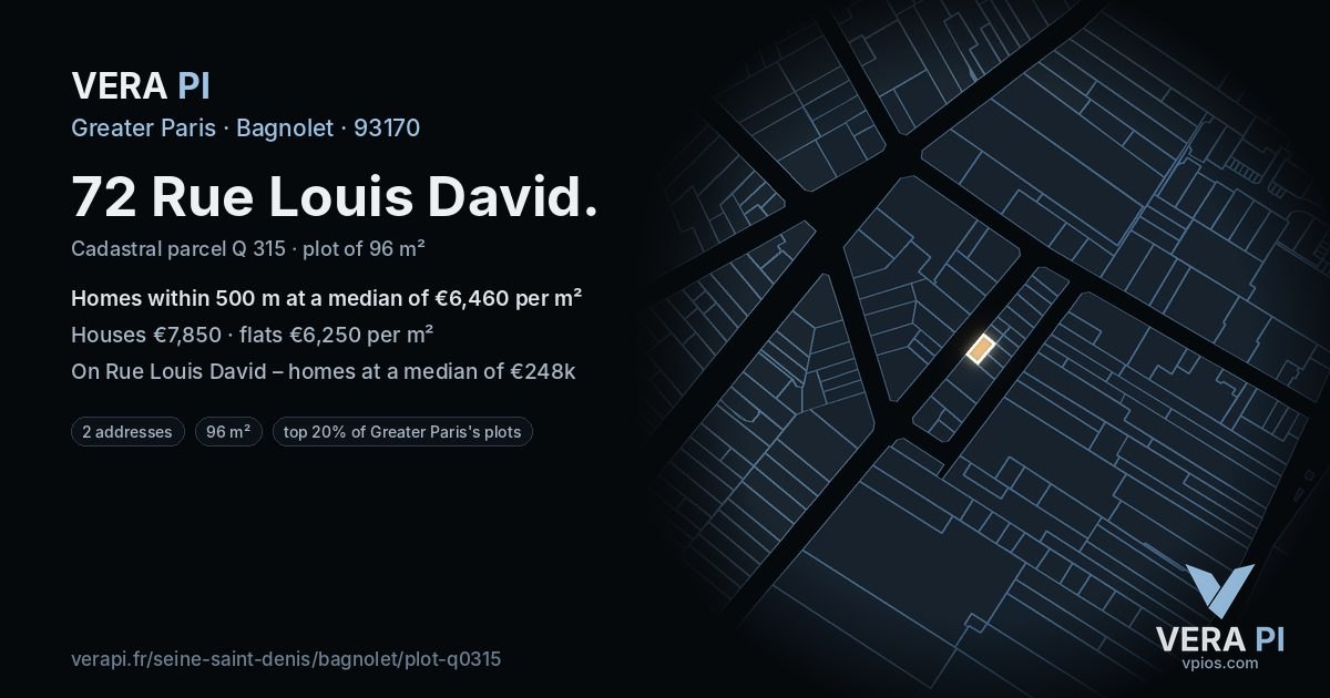 72 Rue Louis David, Bagnolet at night – the plot lit, the parcels around coloured by the prices near them