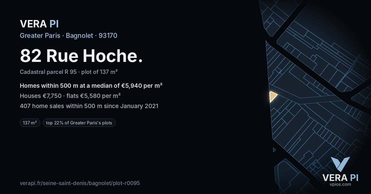 82 Rue Hoche, Bagnolet at night – the plot lit, the parcels around coloured by the prices near them