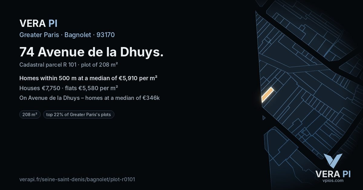 74 Avenue de la Dhuys, Bagnolet at night – the plot lit, the parcels around coloured by the prices near them
