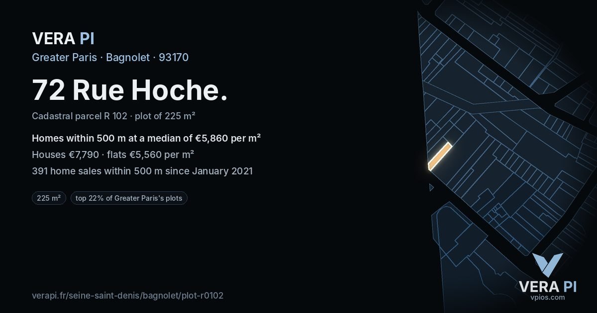 72 Rue Hoche, Bagnolet at night – the plot lit, the parcels around coloured by the prices near them