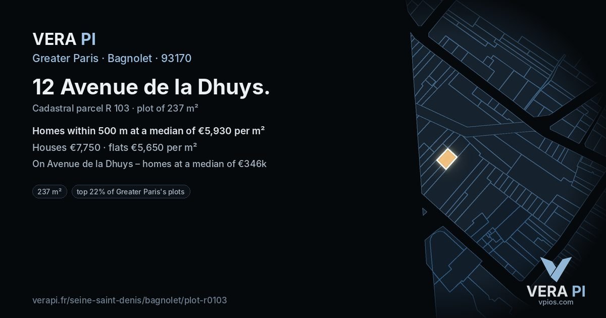 12 Avenue de la Dhuys, Bagnolet at night – the plot lit, the parcels around coloured by the prices near them