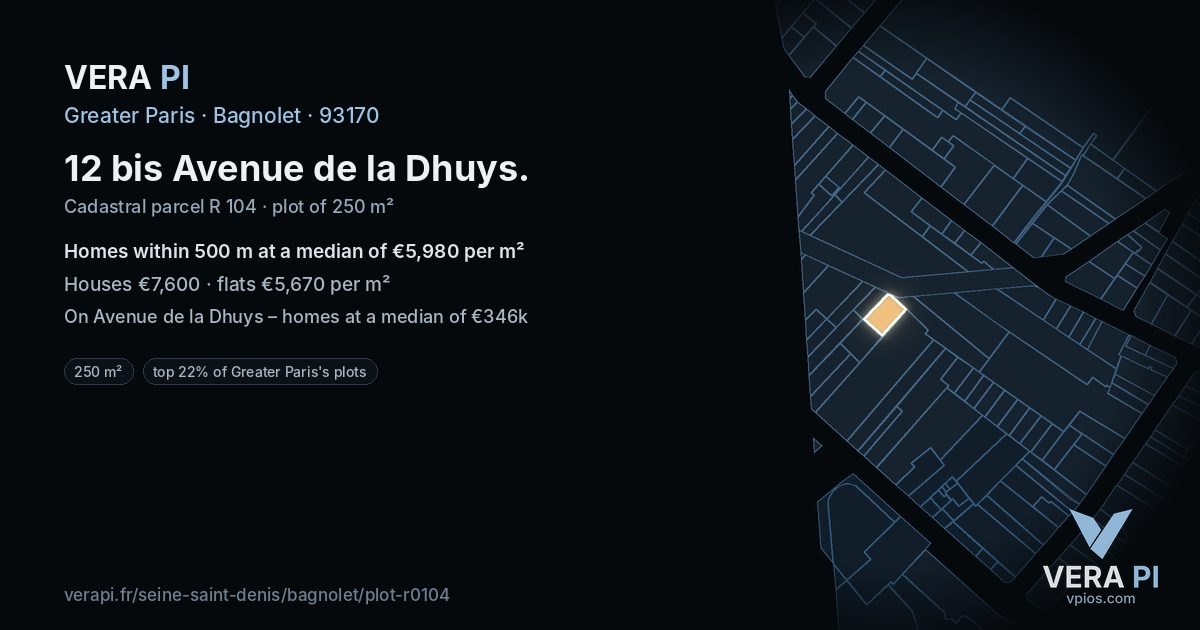 12 bis Avenue de la Dhuys, Bagnolet at night – the plot lit, the parcels around coloured by the prices near them
