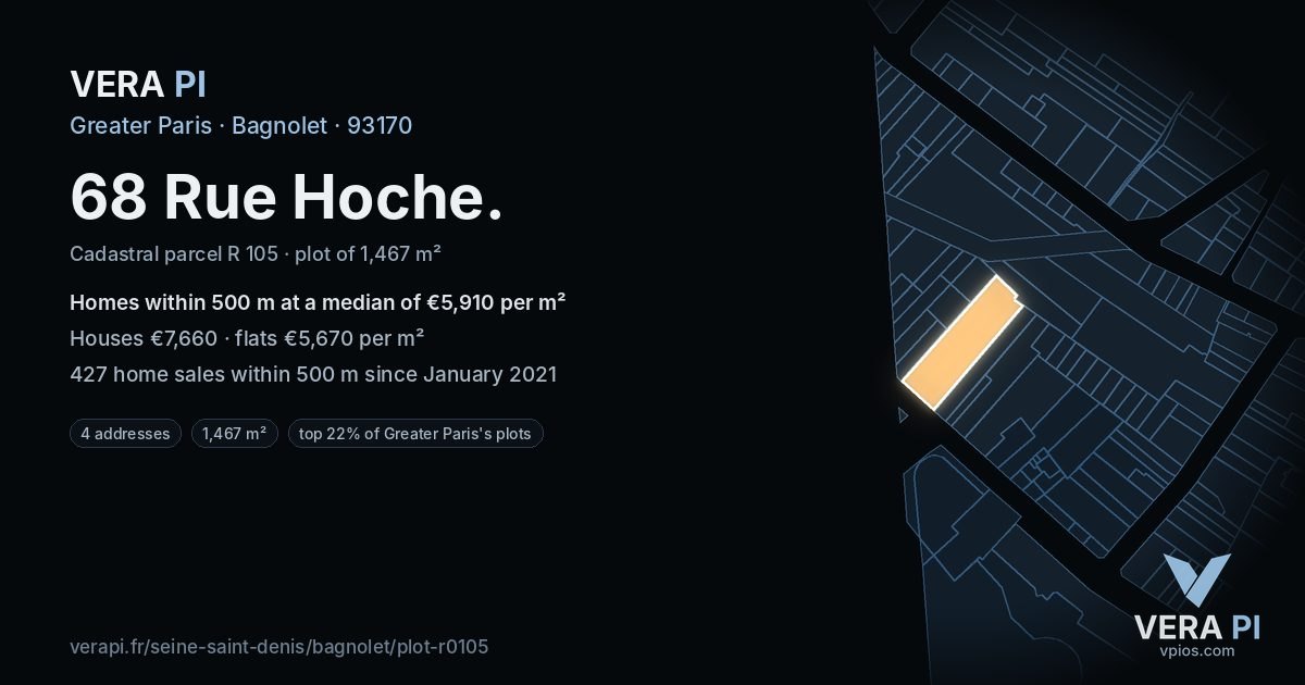 68 Rue Hoche, Bagnolet at night – the plot lit, the parcels around coloured by the prices near them