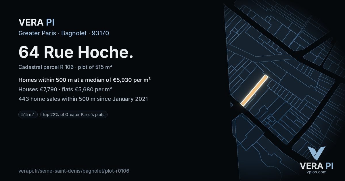 64 Rue Hoche, Bagnolet at night – the plot lit, the parcels around coloured by the prices near them