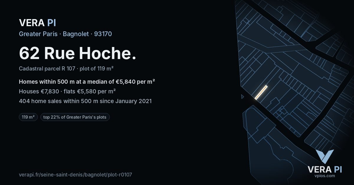 62 Rue Hoche, Bagnolet at night – the plot lit, the parcels around coloured by the prices near them