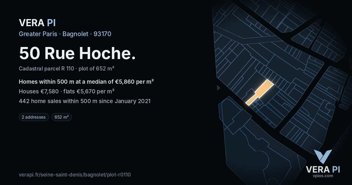 50 Rue Hoche, Bagnolet at night – the plot lit, the parcels around coloured by the prices near them