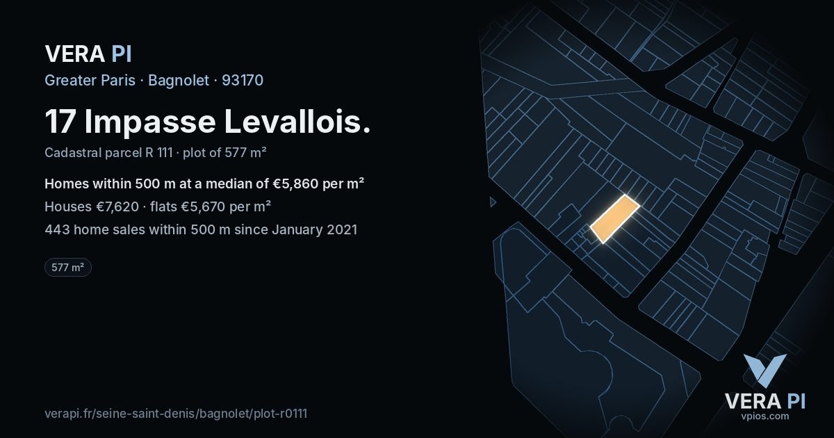 17 Impasse Levallois, Bagnolet at night – the plot lit, the parcels around coloured by the prices near them