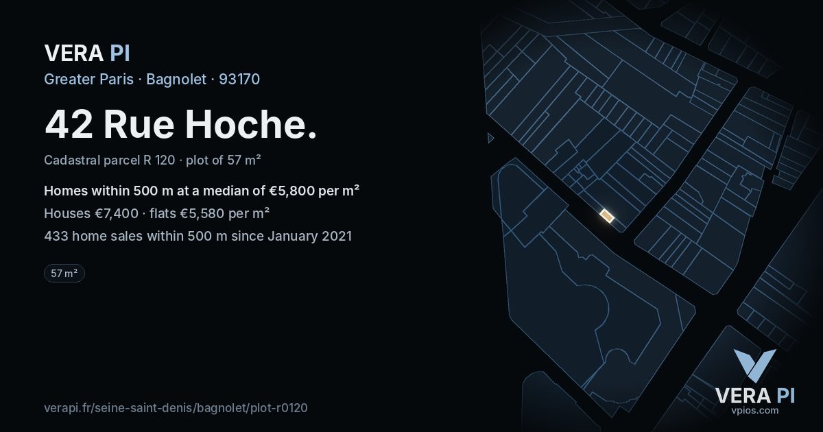 42 Rue Hoche, Bagnolet at night – the plot lit, the parcels around coloured by the prices near them