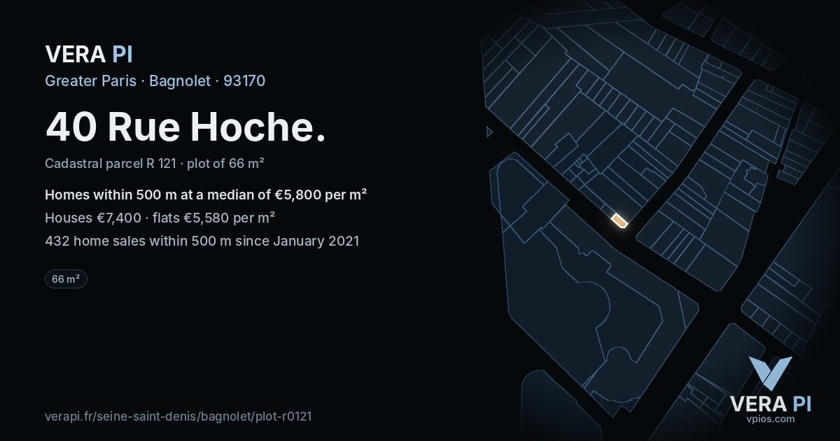 40 Rue Hoche, Bagnolet at night – the plot lit, the parcels around coloured by the prices near them