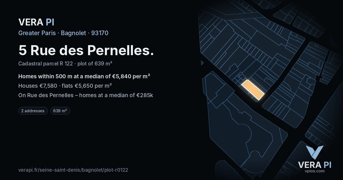 5 Rue des Pernelles, Bagnolet at night – the plot lit, the parcels around coloured by the prices near them