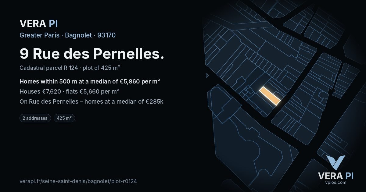 9 Rue des Pernelles, Bagnolet at night – the plot lit, the parcels around coloured by the prices near them