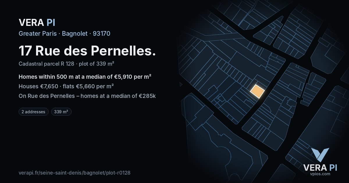 17 Rue des Pernelles, Bagnolet at night – the plot lit, the parcels around coloured by the prices near them
