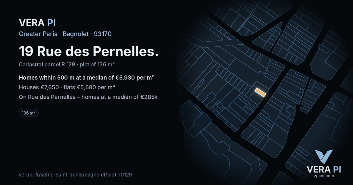 19 Rue des Pernelles, Bagnolet at night – the plot lit, the parcels around coloured by the prices near them