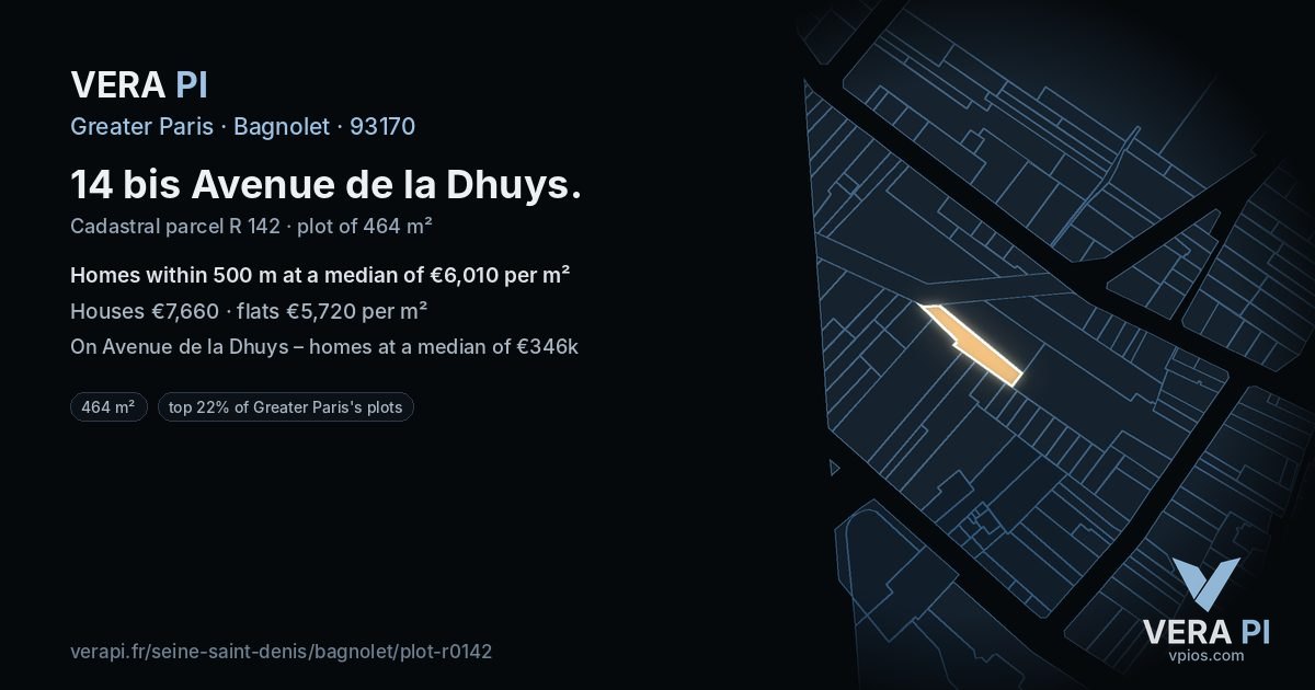 14 bis Avenue de la Dhuys, Bagnolet at night – the plot lit, the parcels around coloured by the prices near them