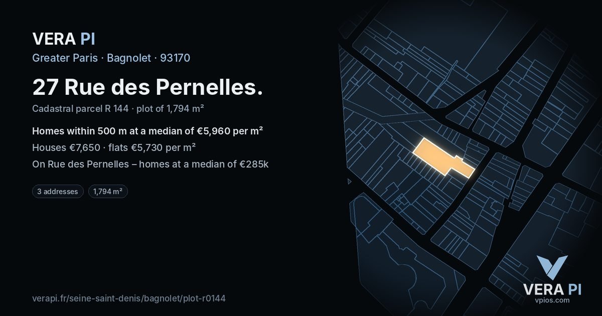 27 Rue des Pernelles, Bagnolet at night – the plot lit, the parcels around coloured by the prices near them