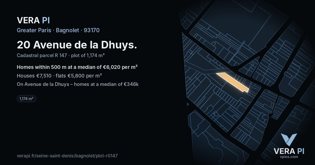 20 Avenue de la Dhuys, Bagnolet at night – the plot lit, the parcels around coloured by the prices near them