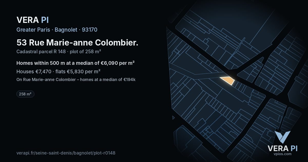 53 Rue Marie-anne Colombier, Bagnolet at night – the plot lit, the parcels around coloured by the prices near them