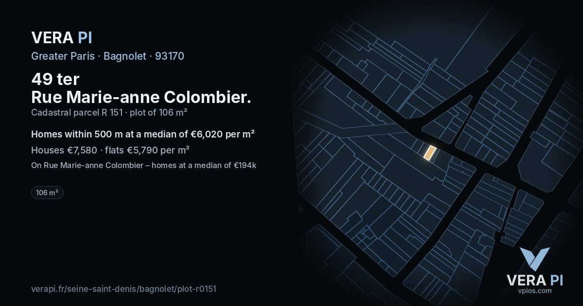 49 ter Rue Marie-anne Colombier, Bagnolet at night – the plot lit, the parcels around coloured by the prices near them