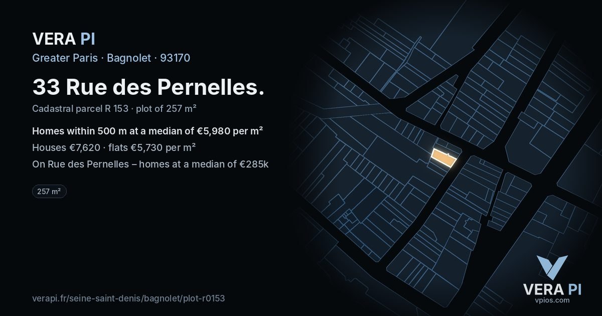 33 Rue des Pernelles, Bagnolet at night – the plot lit, the parcels around coloured by the prices near them