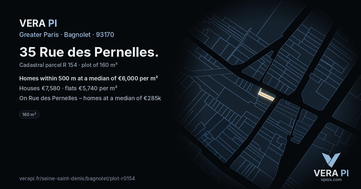 35 Rue des Pernelles, Bagnolet at night – the plot lit, the parcels around coloured by the prices near them