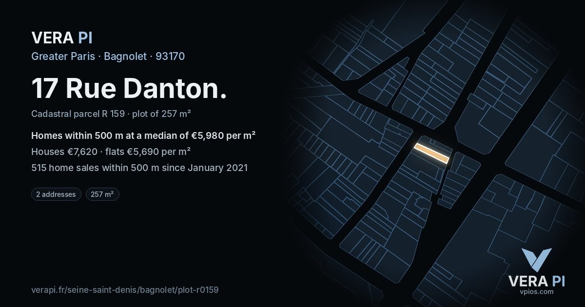 17 Rue Danton, Bagnolet at night – the plot lit, the parcels around coloured by the prices near them