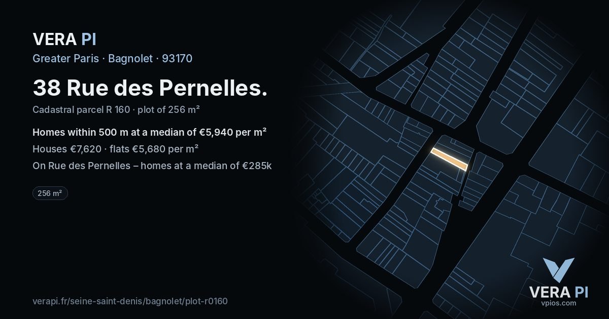 38 Rue des Pernelles, Bagnolet at night – the plot lit, the parcels around coloured by the prices near them