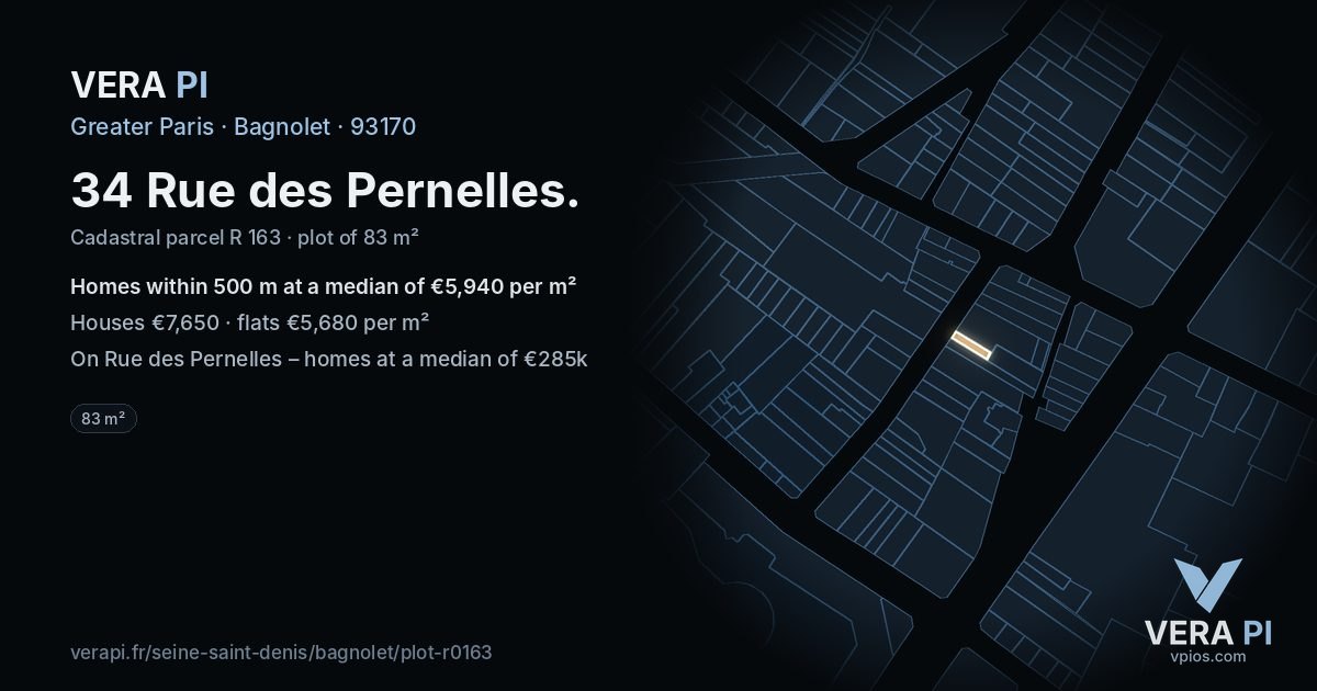 34 Rue des Pernelles, Bagnolet at night – the plot lit, the parcels around coloured by the prices near them