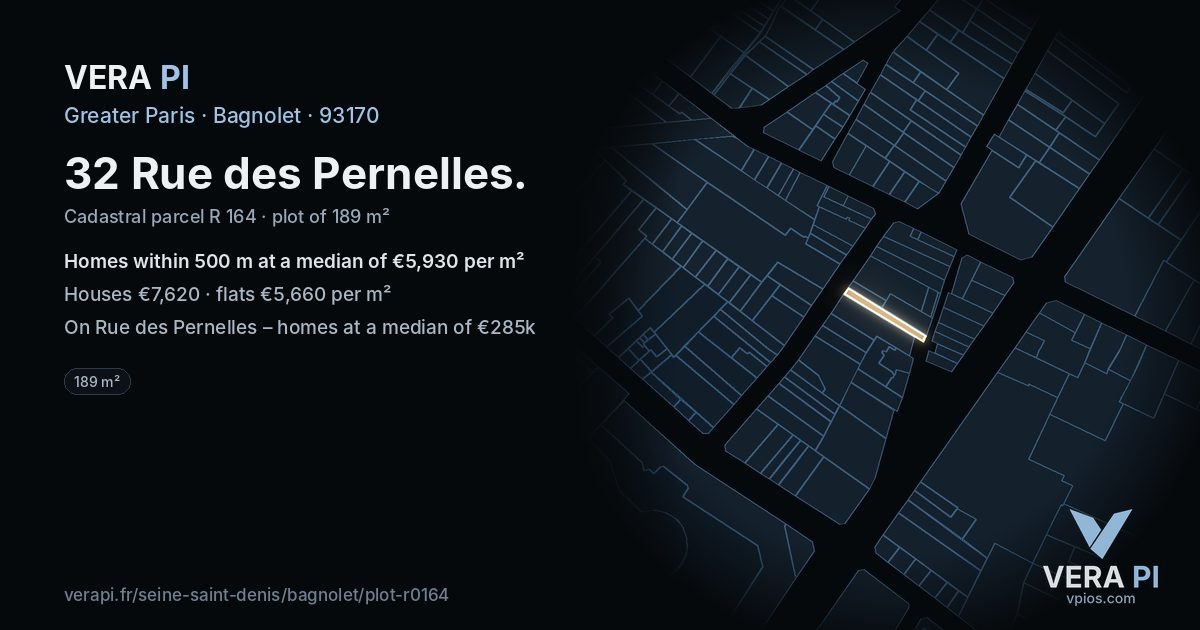 32 Rue des Pernelles, Bagnolet at night – the plot lit, the parcels around coloured by the prices near them