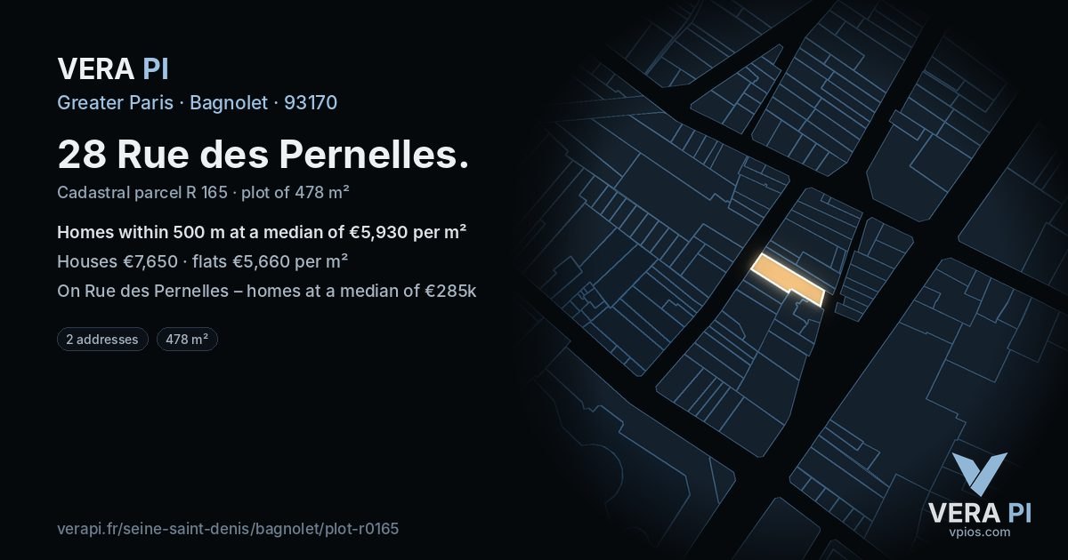 28 Rue des Pernelles, Bagnolet at night – the plot lit, the parcels around coloured by the prices near them